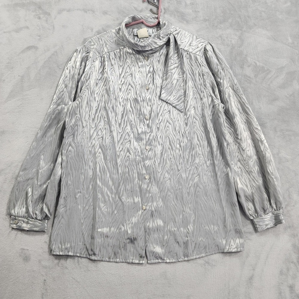 Vintage Teddi‎ Of California Top Womens L/XL Silver Metallic High Neck Button Up